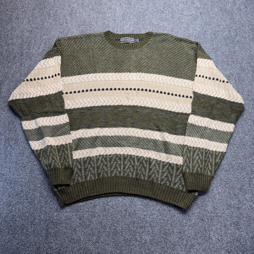 David Taylor Vintage Mens XL Olive Green Striped Knit Sweater Made in USA NWT